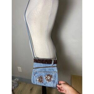 Vintage 90s Levis Denim Crossbody Bag Hand&Heart Beaded Sequin Boho Jean Purse
